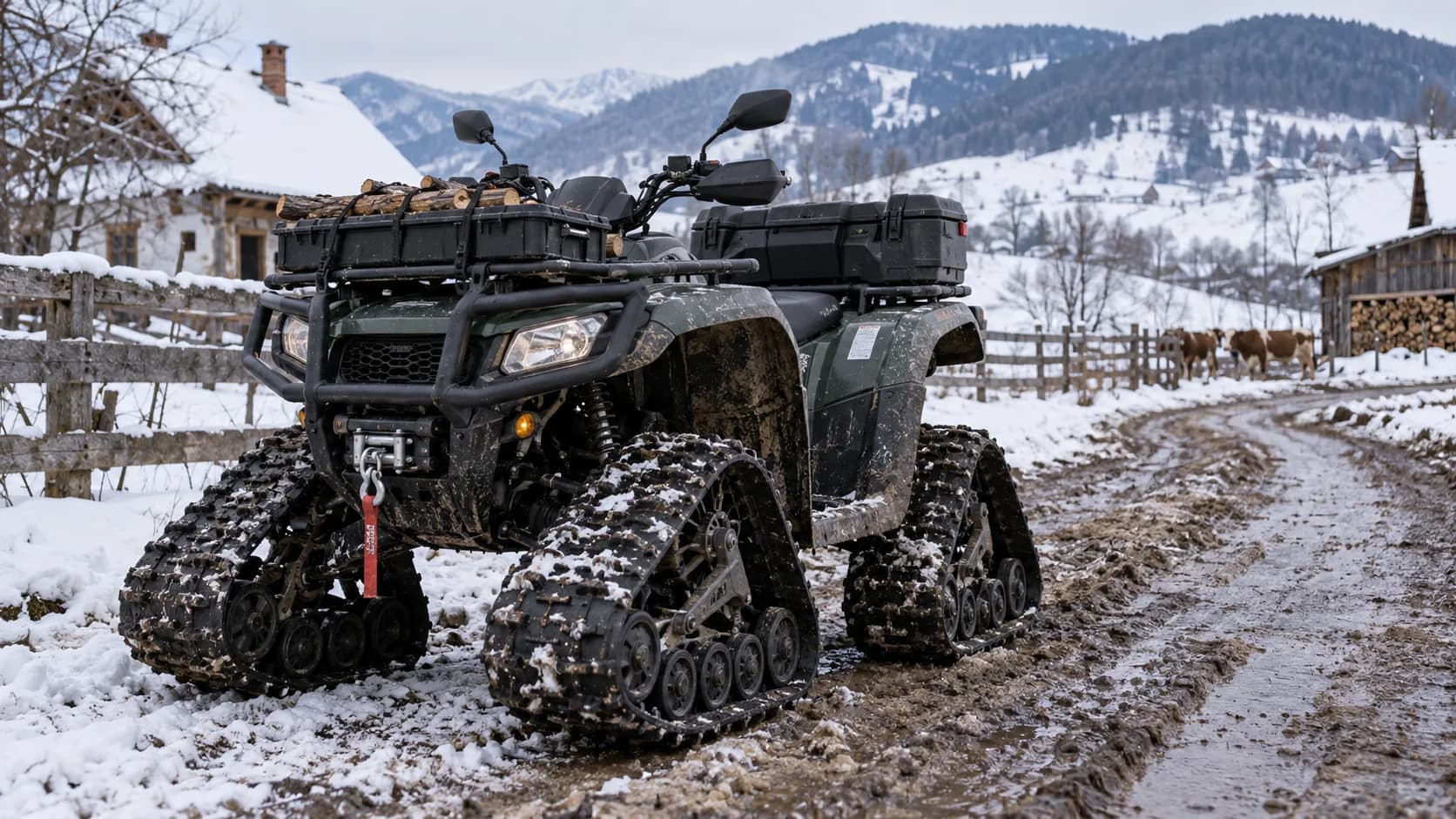 ATV utilitar cu șenile pe un drum rural înzăpezit