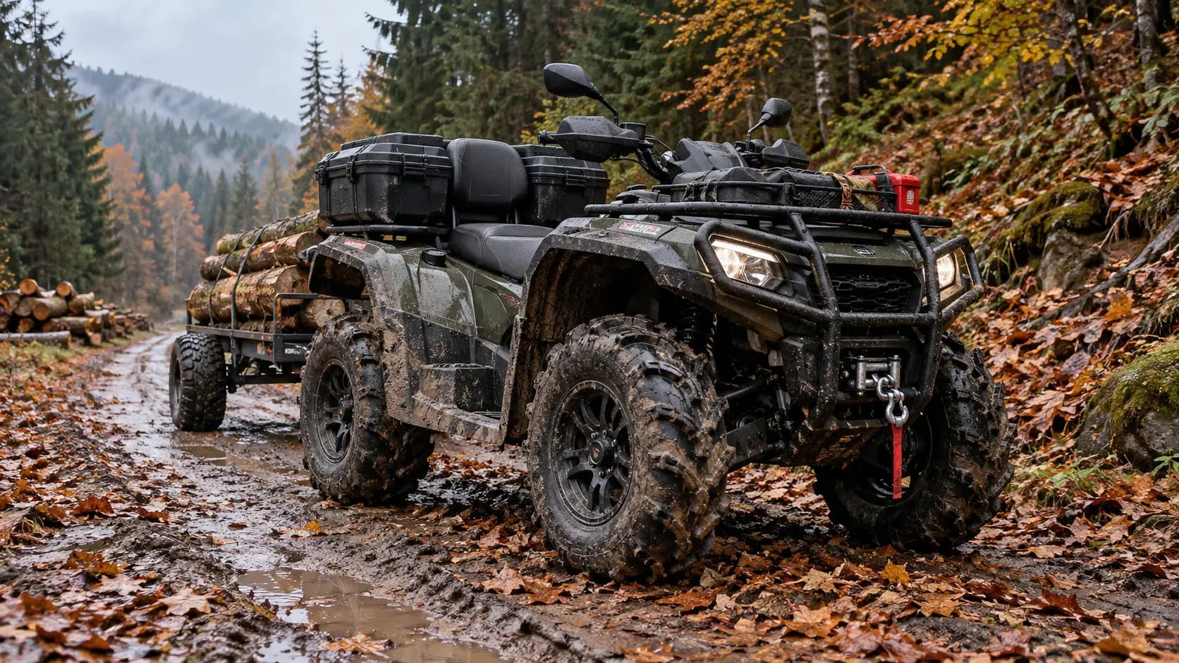 ATV utilitar murdar pregătit pentru lucru pe un drum forestier de toamnă