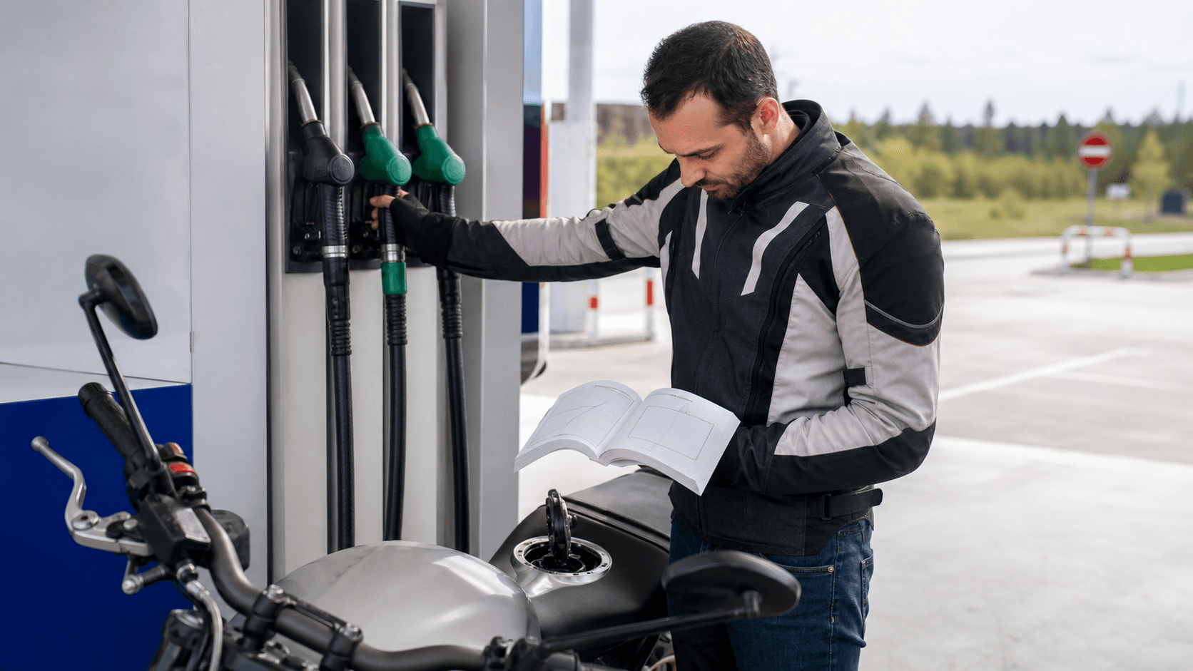 Motociclist care verifică manualul înainte de alimentarea unei motociclete la o pompă fără marcă