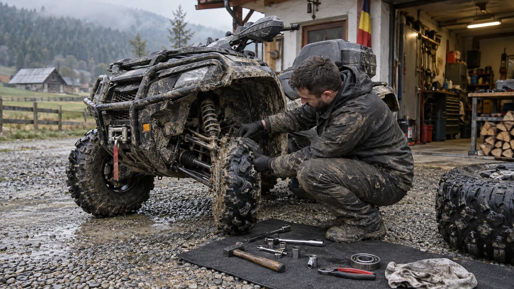 ATV murdar verificat la roată și suspensie lângă un atelier rural