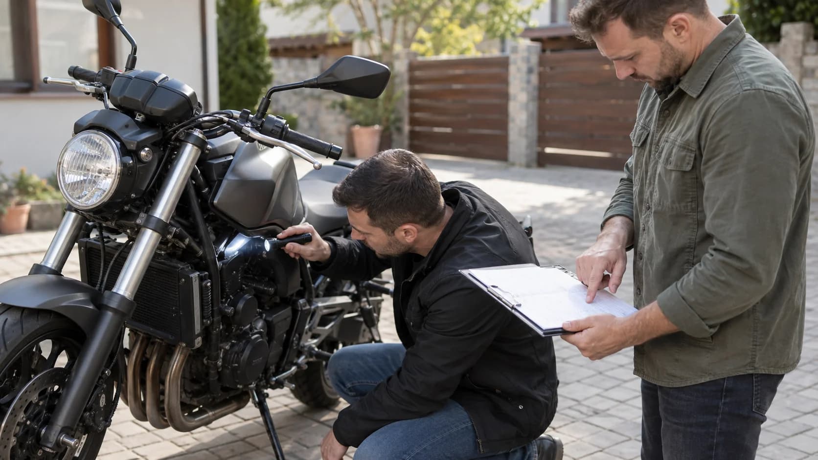 Cumpărător verificând documentele și seria unei motociclete second-hand în curte