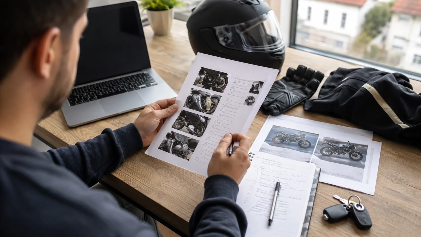 Cumpărător care verifică documente, cască și mănuși înainte de achiziția unei motociclete