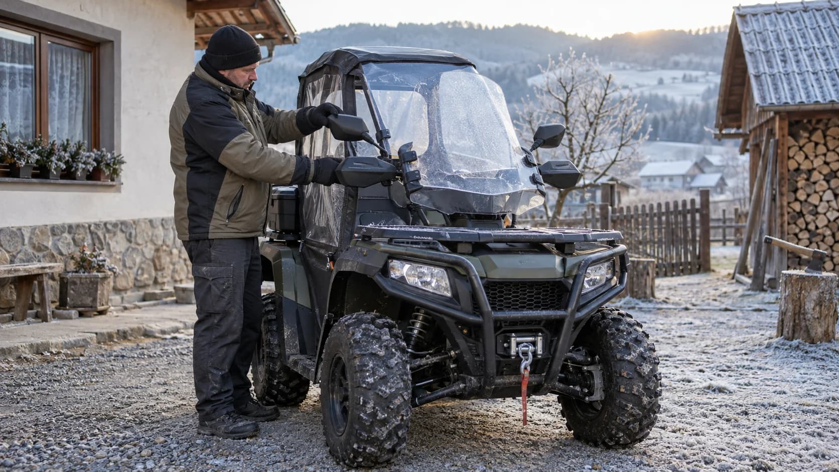 ATV utilitar cu parbriz și accesorii de iarnă într-o curte rurală