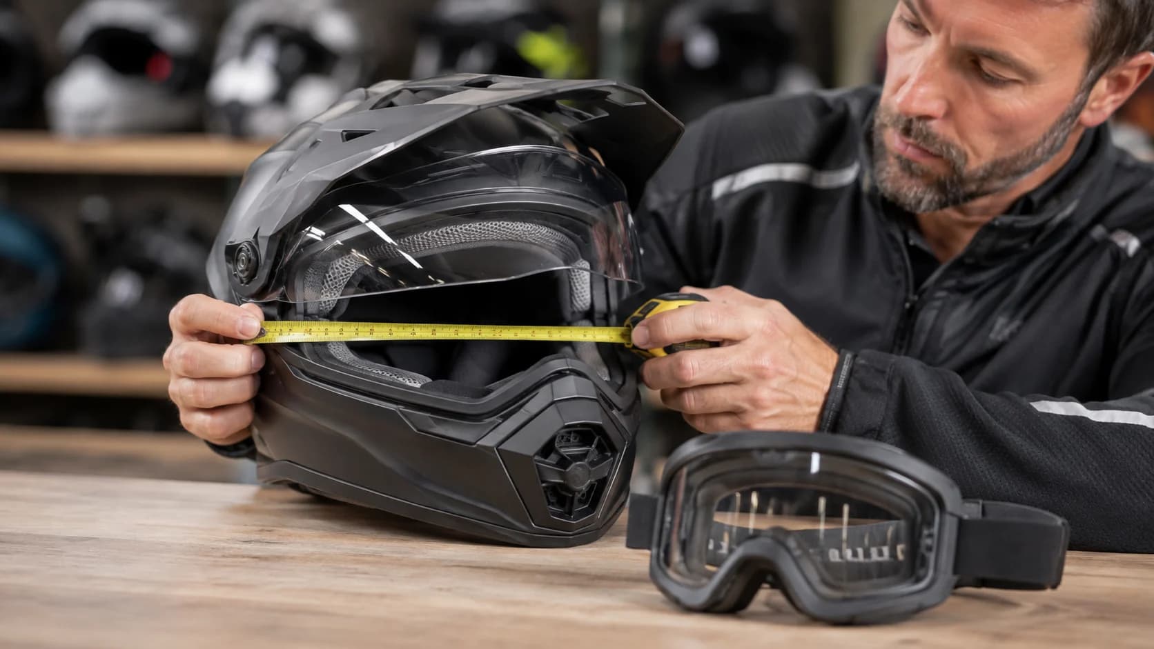 Cască adventure moto măsurată pe un banc de echipament lângă o pereche de ochelari