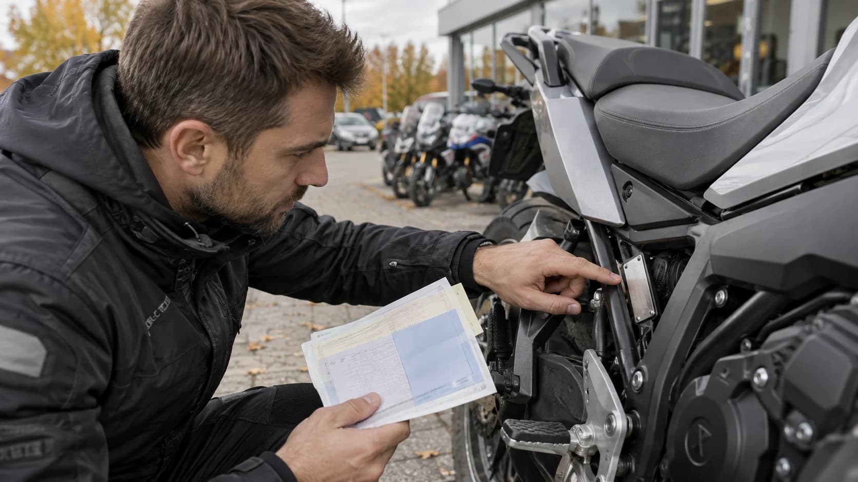 Cumpărător verifică seria unei motociclete și documentele într-o parcare de dealer