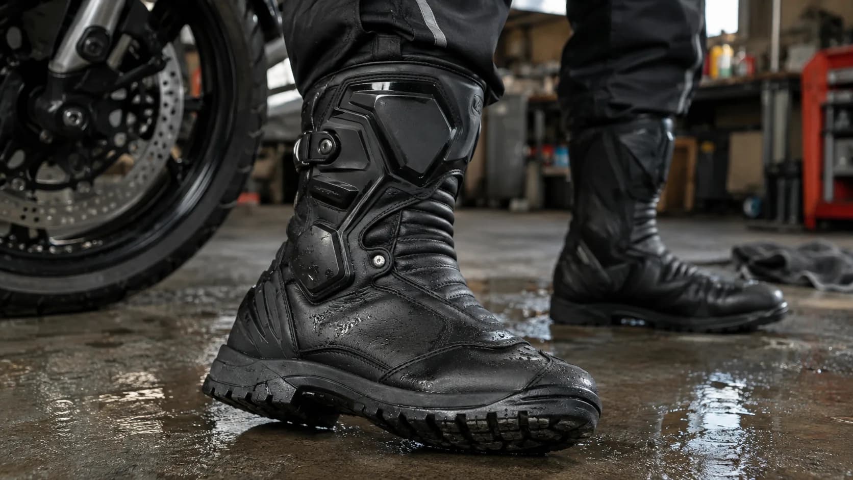 Cizmă moto touring umedă lângă o motocicletă într-un atelier