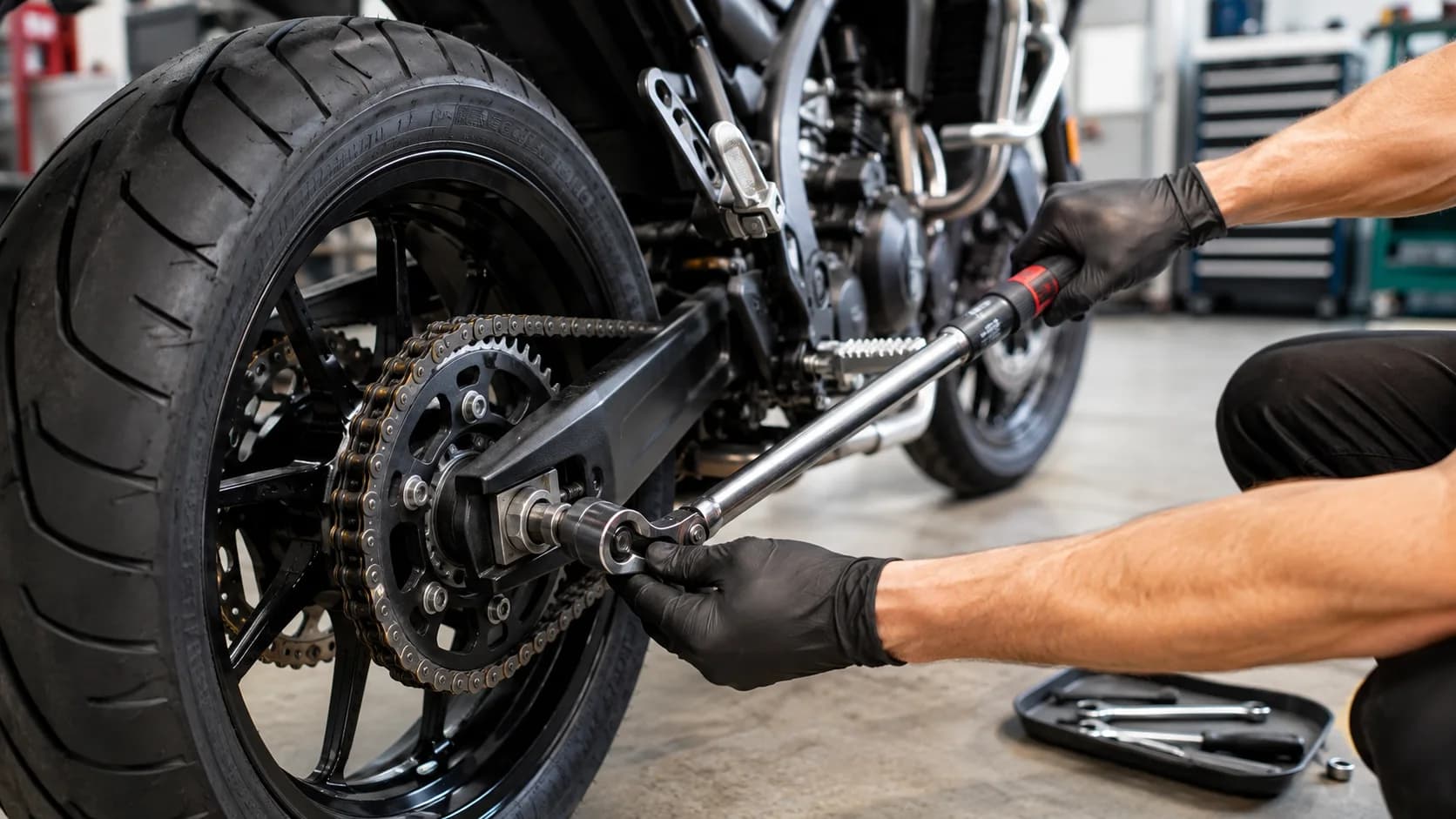 Roată de motocicletă strânsă cu cheie dinamometrică într-un service curat