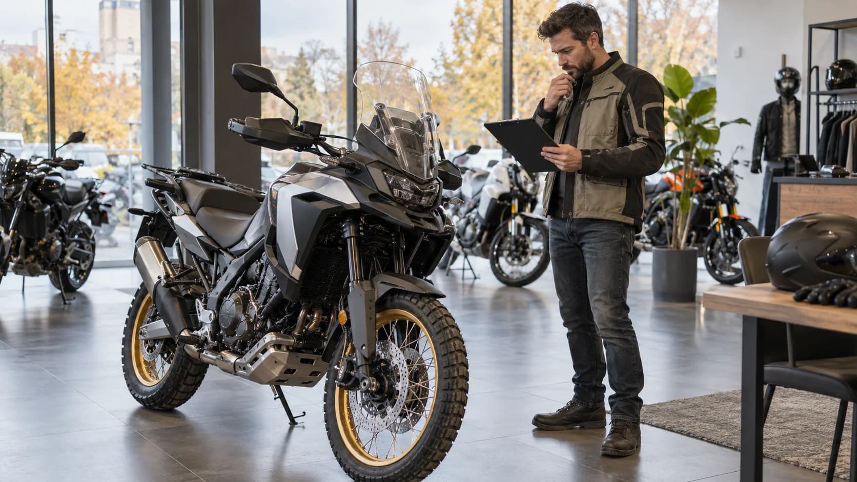 Cumpărător analizând fișa tehnică a unei motociclete adventure într-un showroom