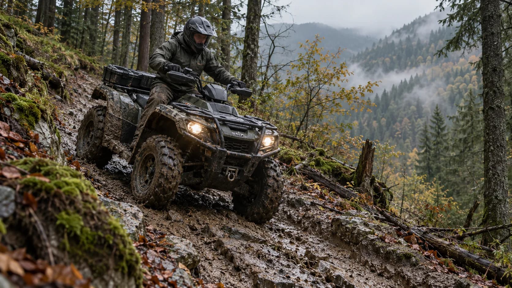 ATV utilitar fără marcă pe o coborâre forestieră umedă din România, fotografie realistă fără text