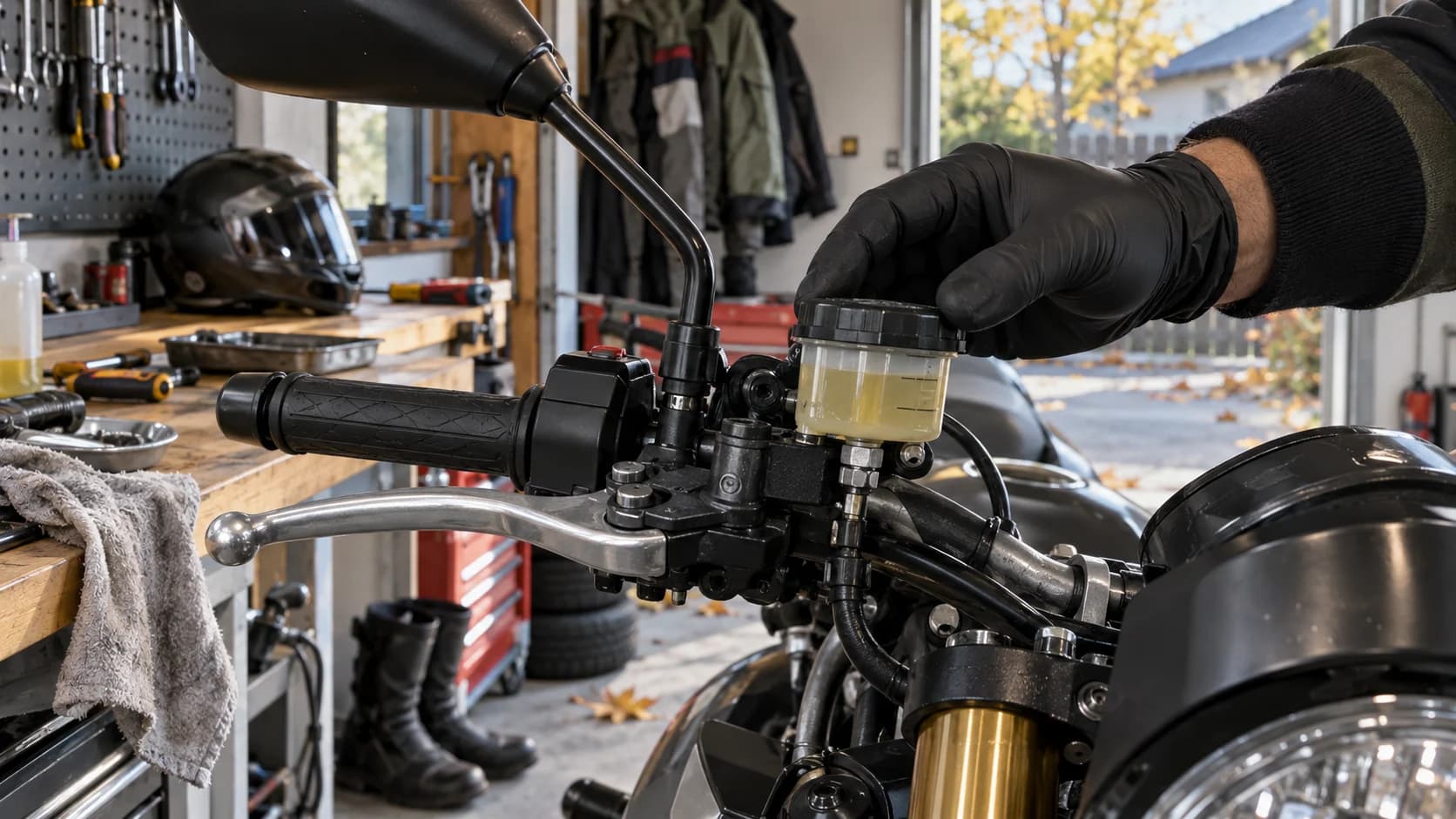 Mecanic verificând rezervorul de lichid de frână al unei motociclete