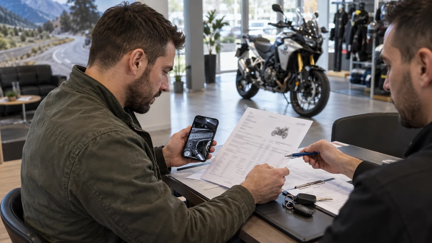 cumpărător verificând acte și telefon într-un showroom moto