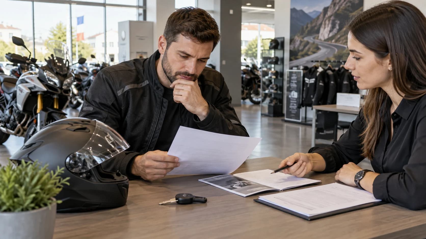 cumpărător care verifică documente de motocicletă într-un showroom