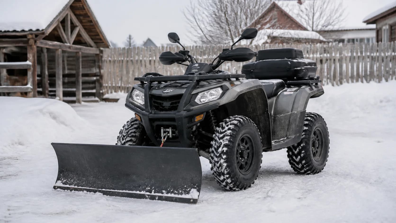 ATV utilitar cu lamă de zăpadă într-o curte acoperită cu zăpadă