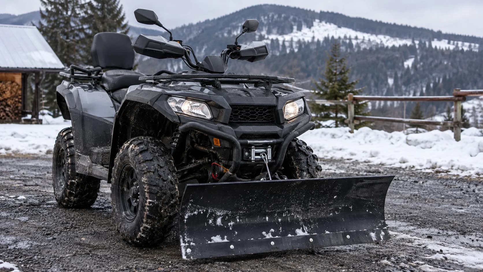 ATV cu lamă de zăpadă și troliu pe un drum umed de munte