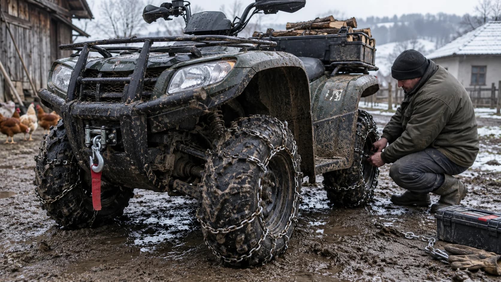 ATV murdar echipat cu lanțuri pe roți într-o curte rurală înainte de iarnă