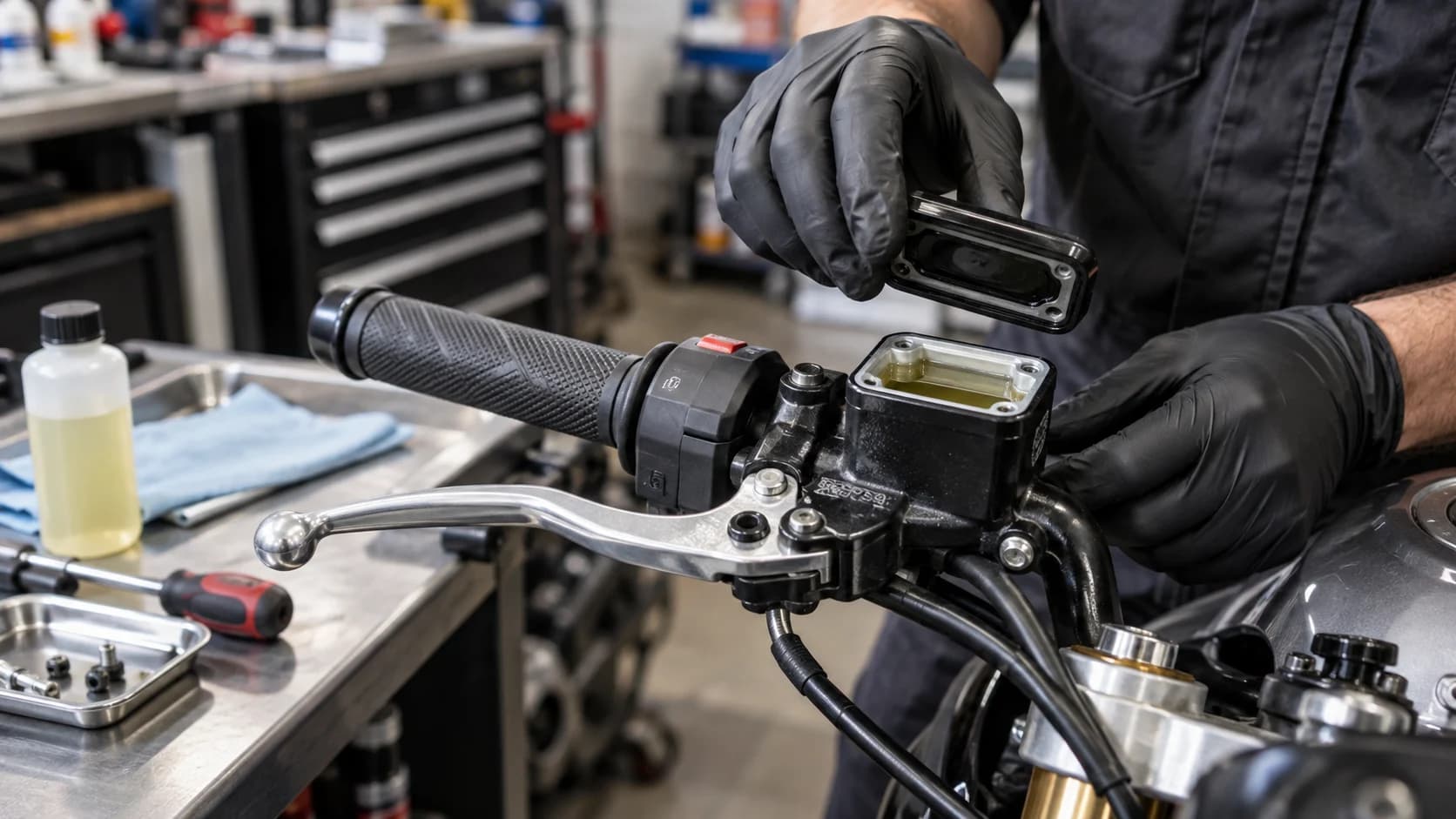 Mecanic verifică rezervorul lichidului de ambreiaj hidraulic la ghidonul unei motociclete
