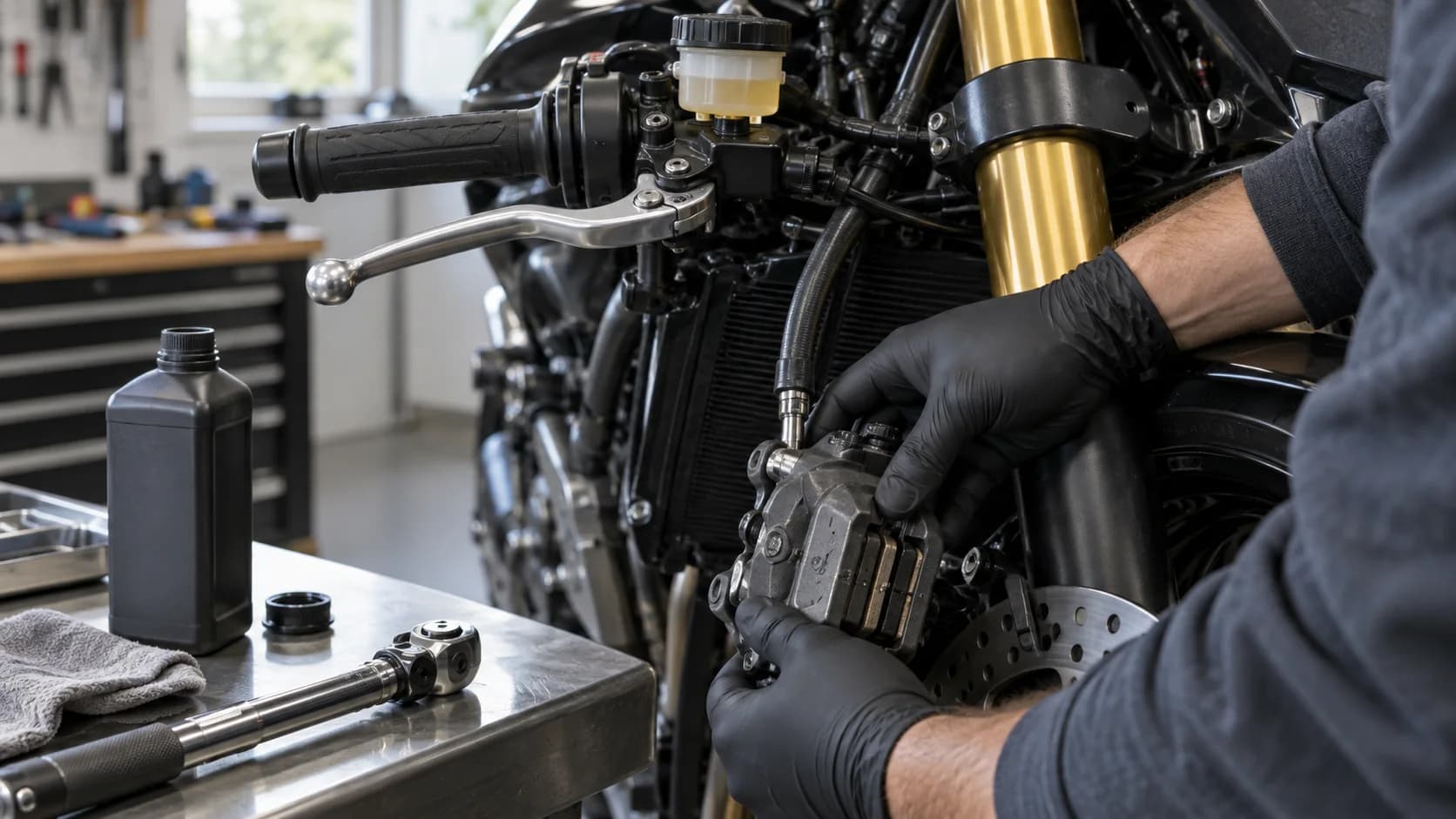 Etrier și rezervor de frână de motocicletă verificate într-un atelier