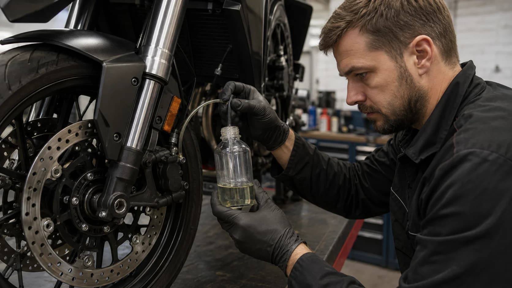 Mecanic verificând lichidul de frână la o motocicletă în service