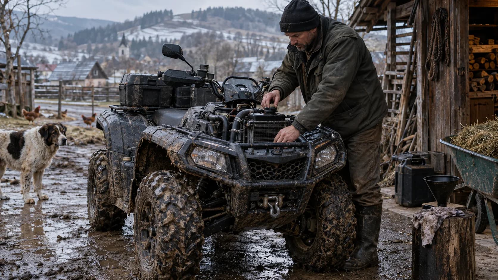 Proprietar verificând radiatorul și lichidul de răcire la un ATV noroios