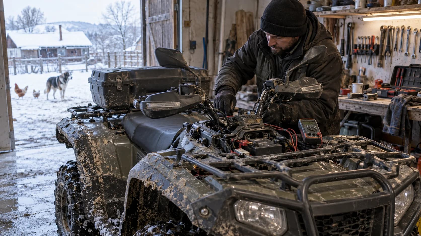 ATV utilitar cu mânere încălzite verificat într-un garaj de iarnă