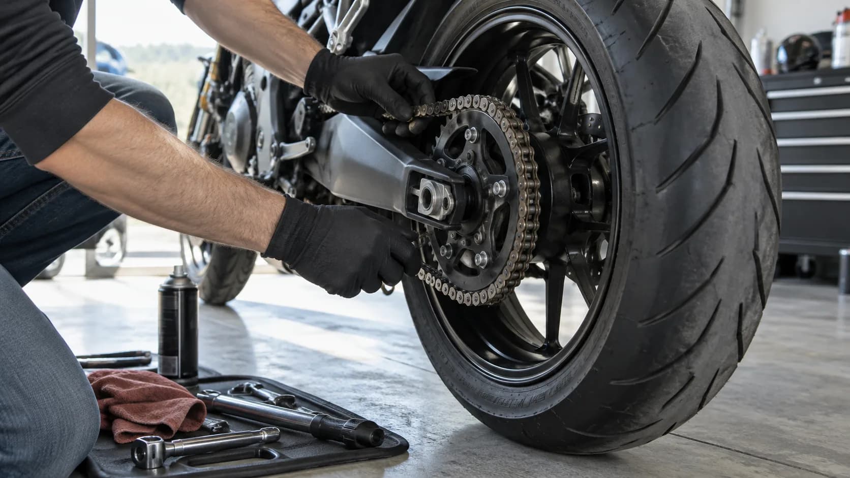 Mecanic verificând lanțul, pinionul și alinierea roții spate la motocicletă