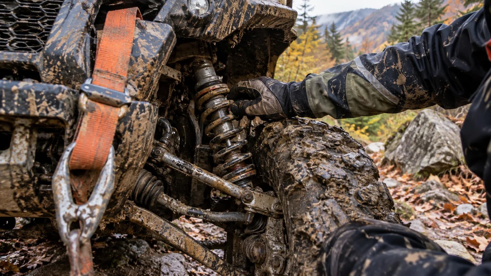 suspensie de ATV plină de noroi verificată după traseu forestier