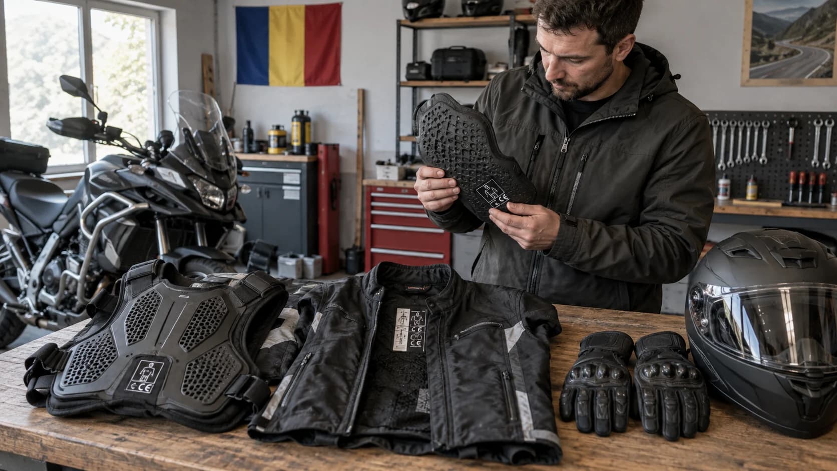 protecții moto de piept și spate verificate pe o masă de atelier