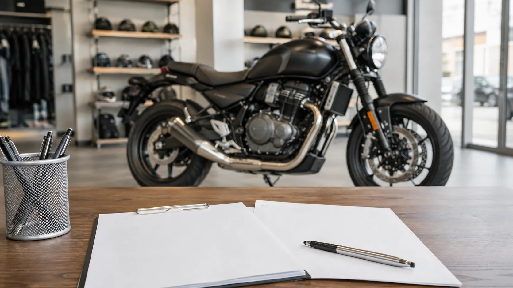 Motocicletă nouă într-un showroom cu documente de finanțare pe birou