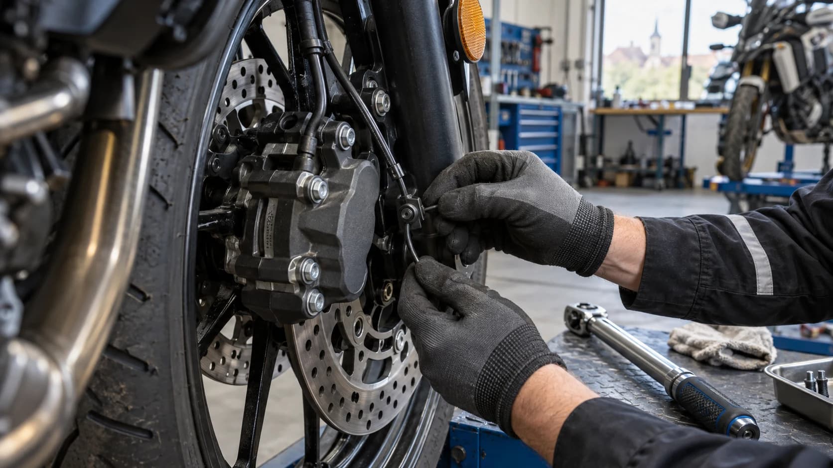Mecanic verifică senzorul ABS al unei motociclete într-un atelier