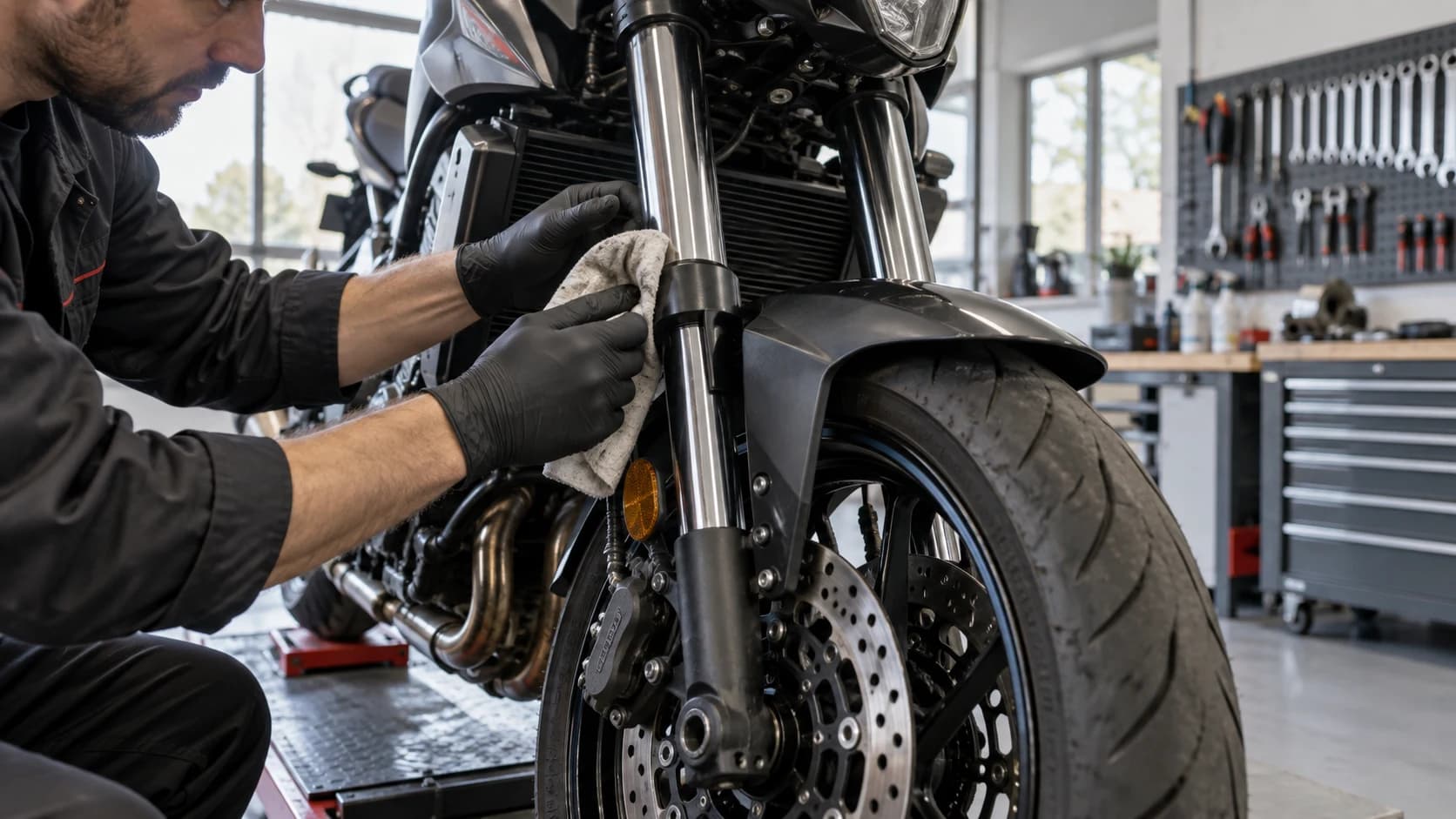 furcă de motocicletă verificată într-un service cu lumină naturală