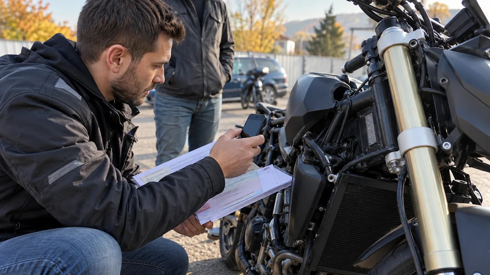 Cumpărător care verifică seria și documentele unei motociclete second-hand
