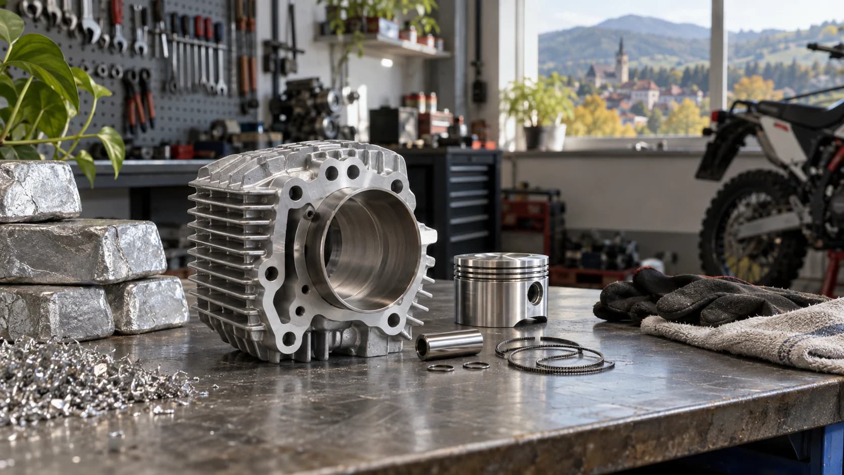 Cilindru de motocicletă din aluminiu pe banc de atelier, lângă lingouri reciclate