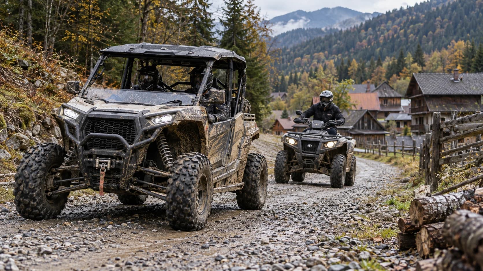 Vehicul off-road și ATV pe un drum forestier de munte din România