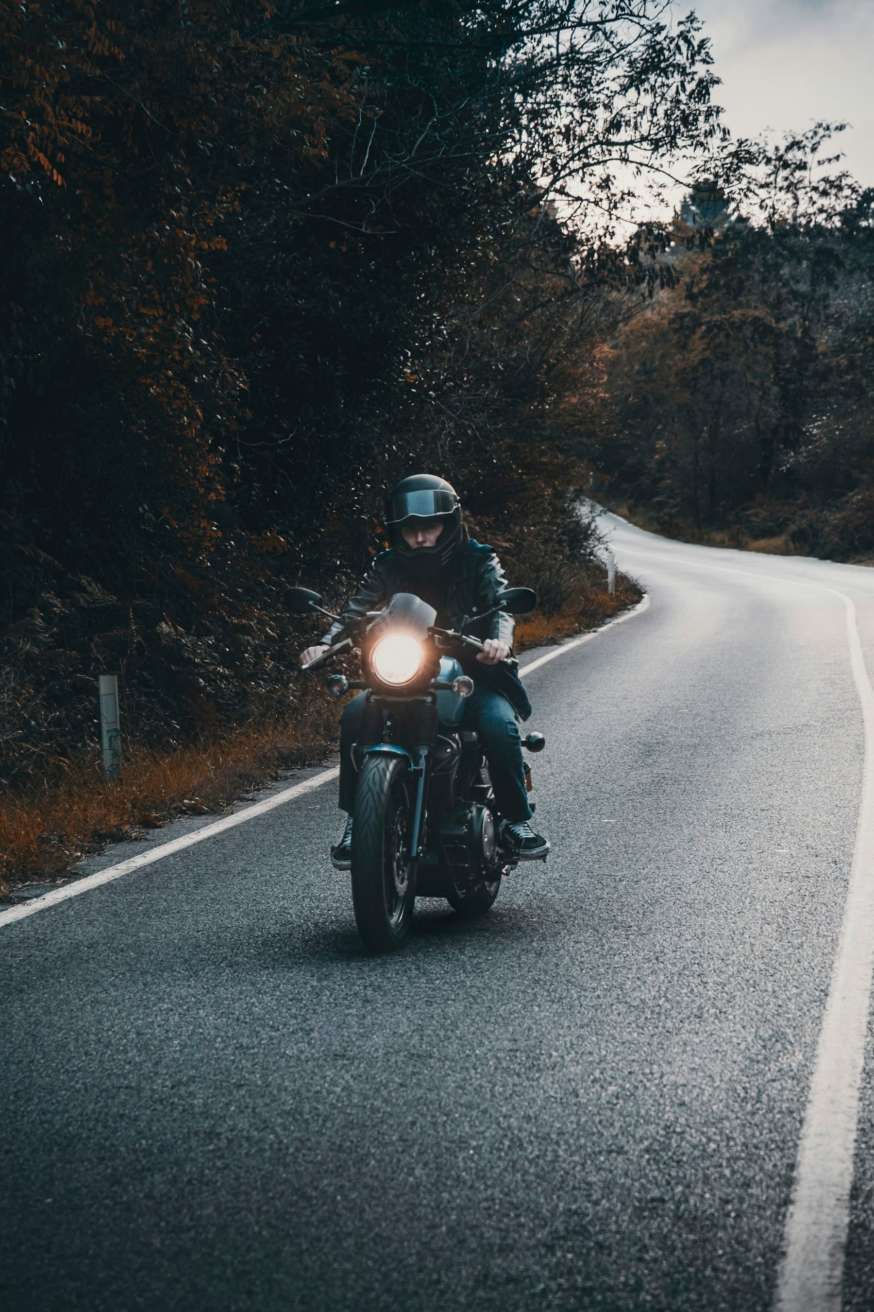 Motociclist pe un drum curbat prin pădure